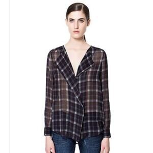 2/$30 Zara Sheer Plaid Shirt Checked Navy Blue Size S